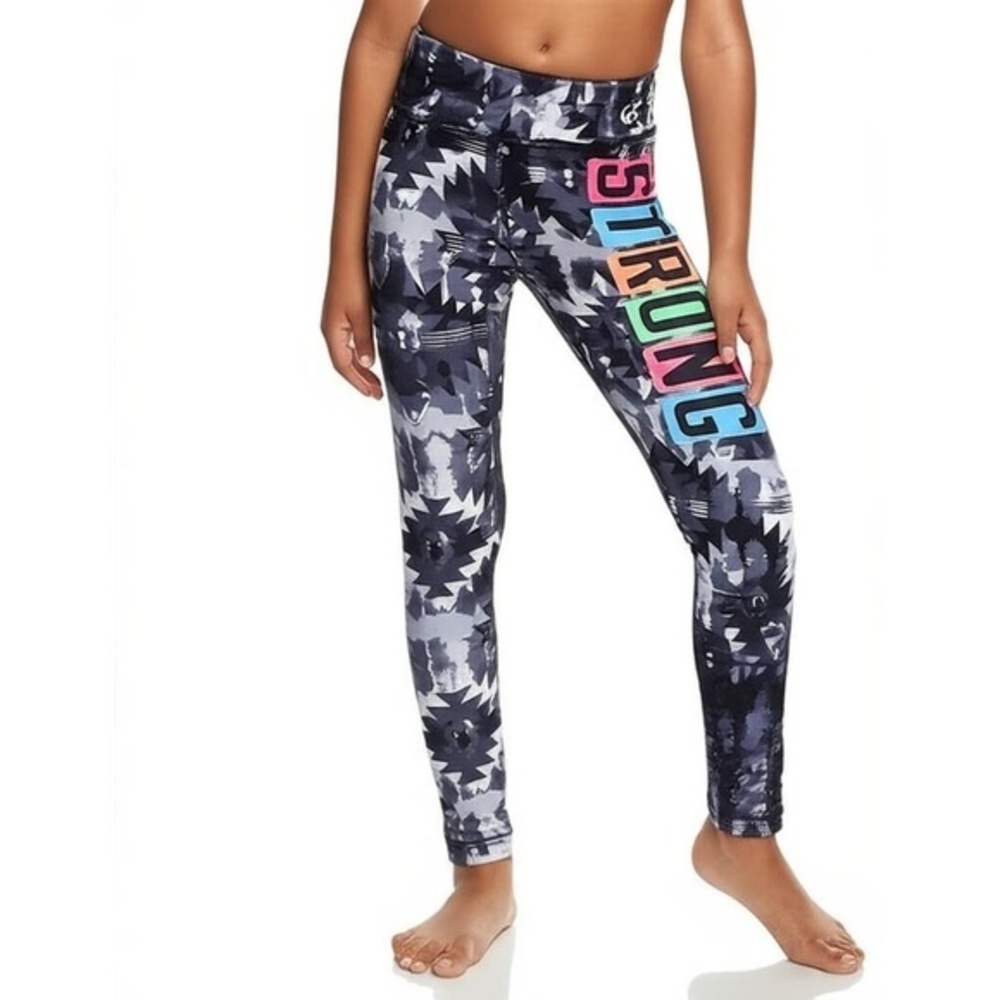 Justice Leggings Kids Size 10‎ Black Geometric STRONG Text Athletic Trendy